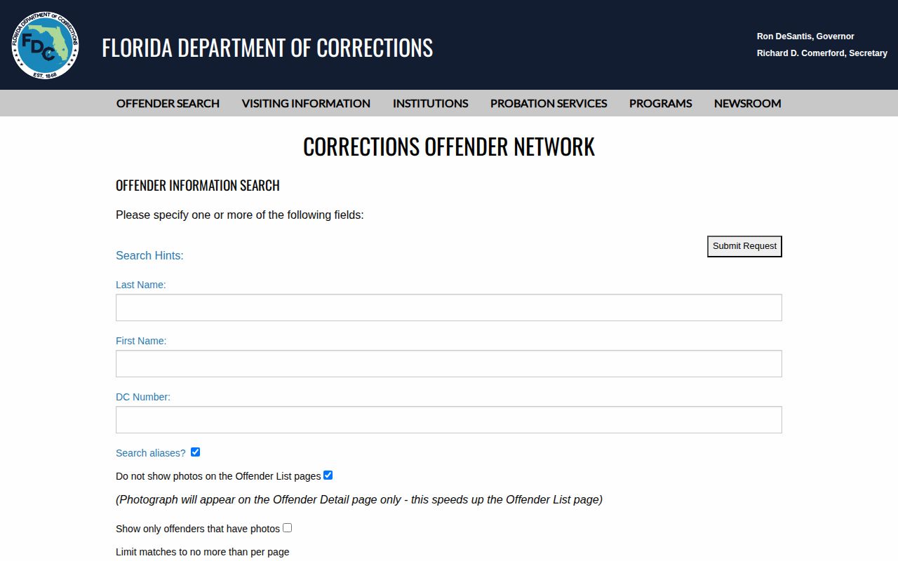 Florida corrections offender search for post-sentence Okaloosa County custody