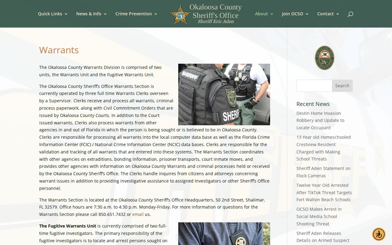 Okaloosa County Sheriff warrants and fugitive arrest information