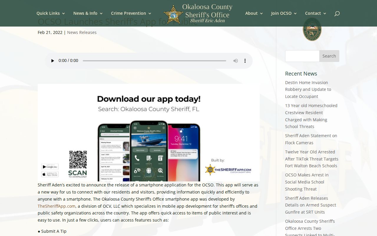 Okaloosa County Sheriff app recent arrest and warrant features