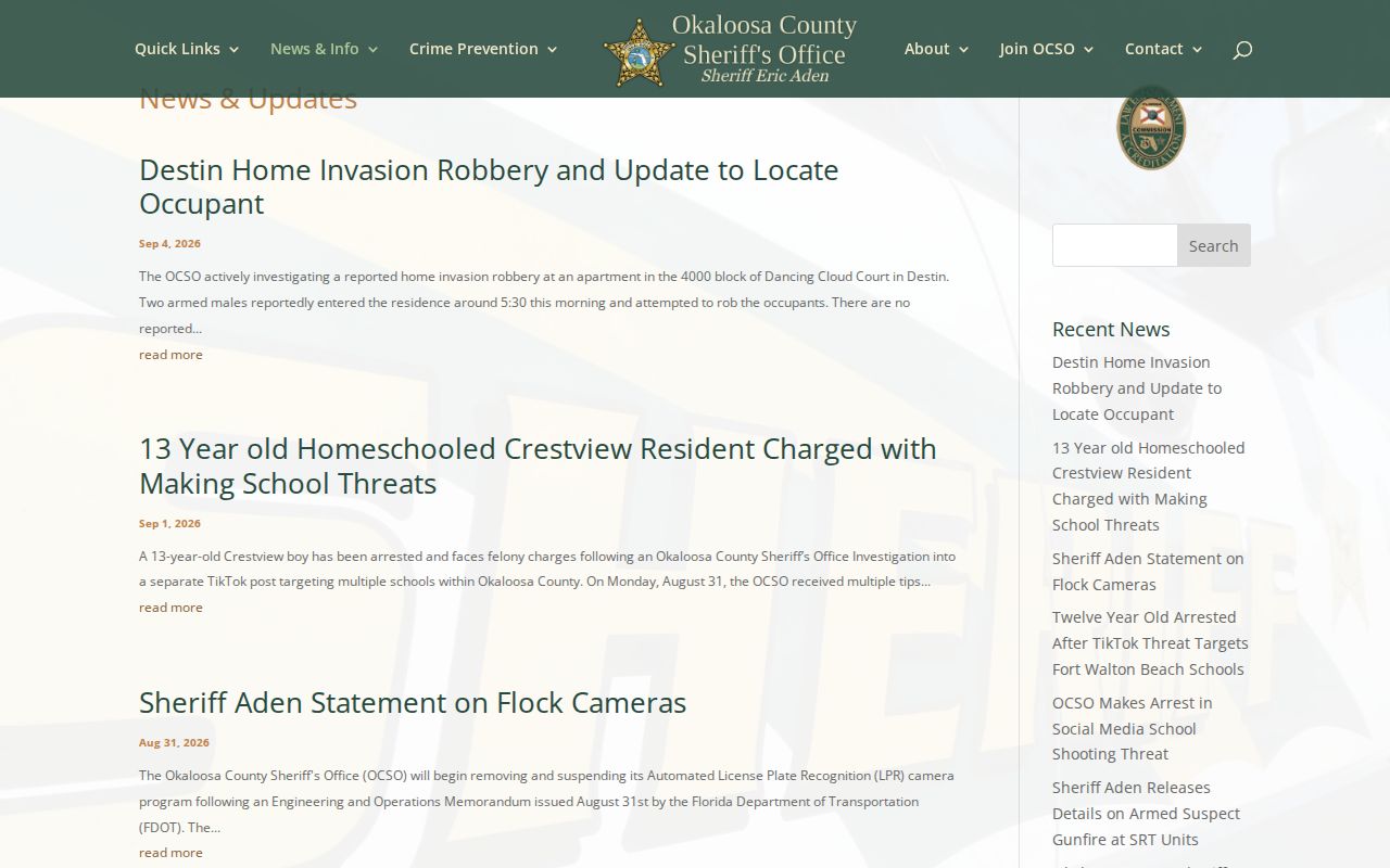 Okaloosa County Sheriff arrest news and update archive