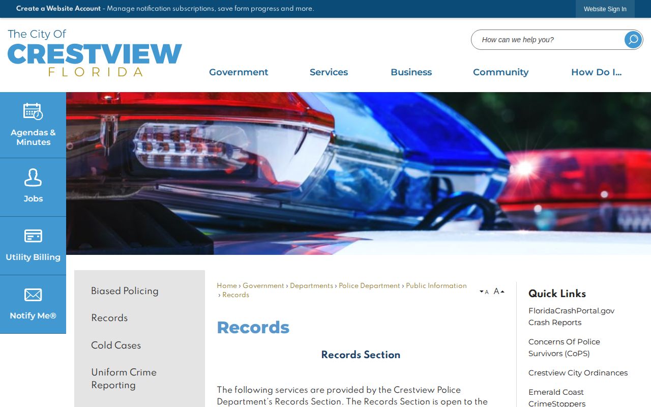 Crestview Police Records webpage with contact and request information