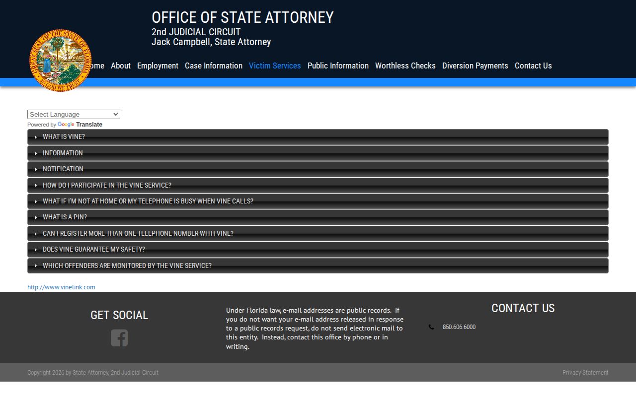 Florida State Attorney VINE program information for Okaloosa County custody alerts